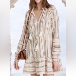 Veronica Beard Daniva Mini Dress Striped Printed V-neck Tassel Boho Sz Medium